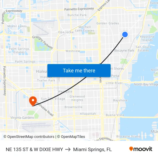 Ne 135 St & W Dixie Hwy to Miami Springs, FL map