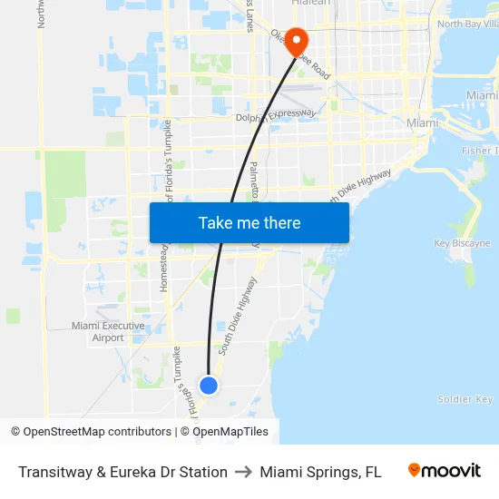 Transitway & Eureka Dr Station to Miami Springs, FL map