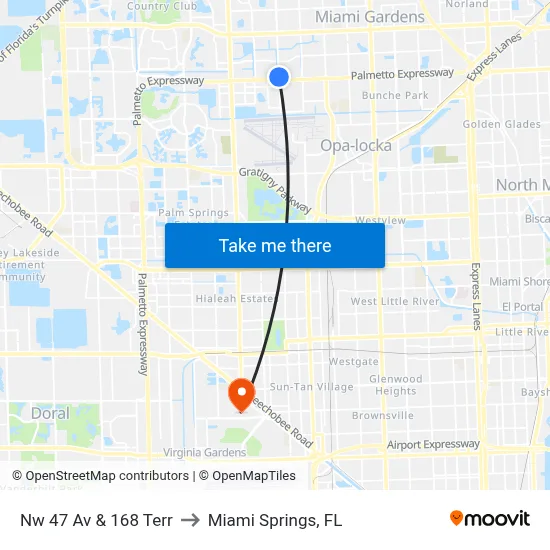 Nw 47 Av & 168 Terr to Miami Springs, FL map