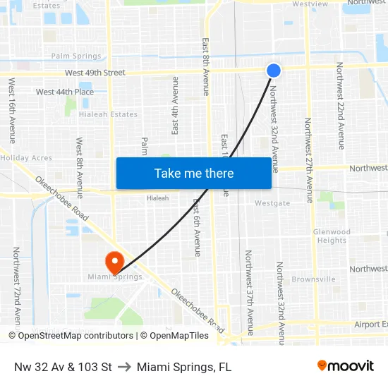 Nw 32 Av & 103 St to Miami Springs, FL map