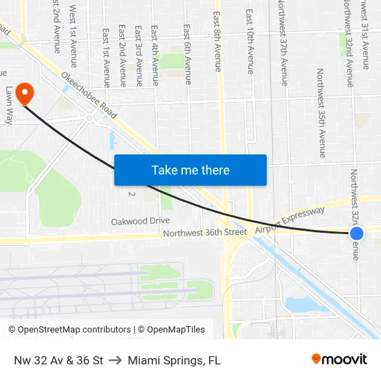 Nw 32 Av & 36 St to Miami Springs, FL map