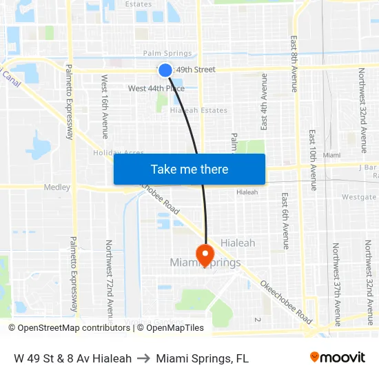 W 49 St & 8 Av Hialeah to Miami Springs, FL map