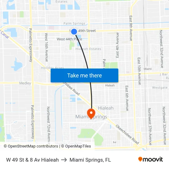 W 49 St & 8 Av Hialeah to Miami Springs, FL map