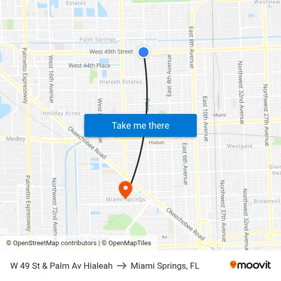W 49 St & Palm Av Hialeah to Miami Springs, FL map