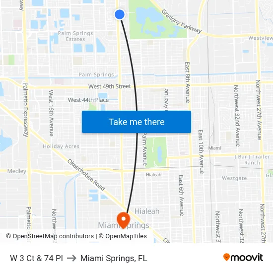 W 3 Ct & 74 Pl to Miami Springs, FL map