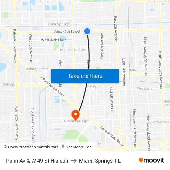 Palm Av & W 49 St Hialeah to Miami Springs, FL map