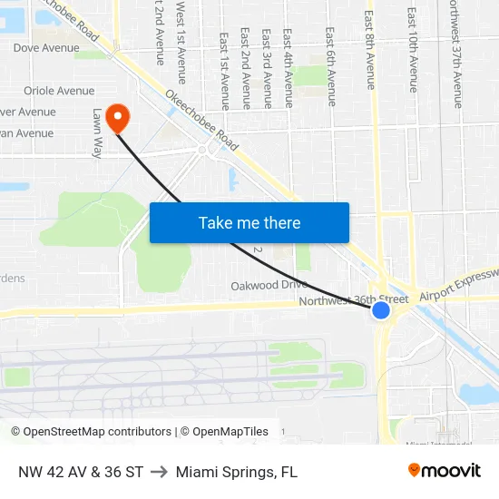 Nw 42 Av & 36 St to Miami Springs, FL map