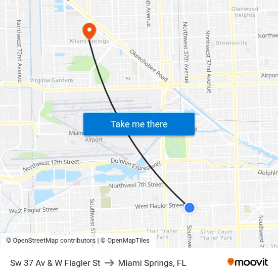 Sw 37 Av & W Flagler St to Miami Springs, FL map