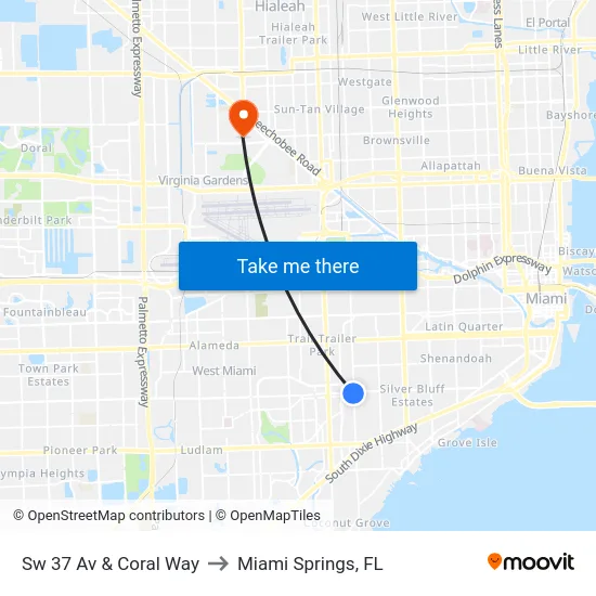 Sw 37 Av & Coral Way to Miami Springs, FL map