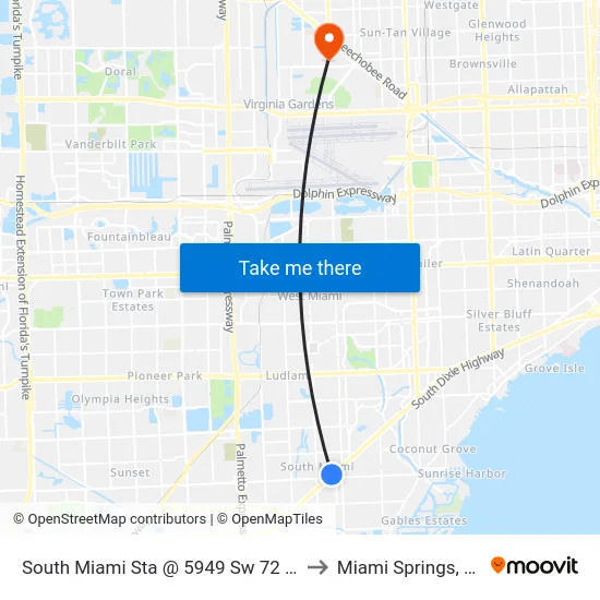 South Miami Sta @ 5949 Sw 72 St to Miami Springs, FL map