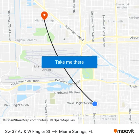 Sw 37 Av & W Flagler St to Miami Springs, FL map