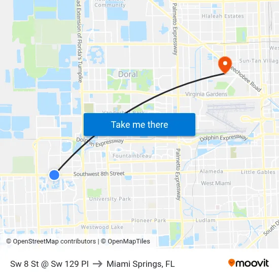 Sw 8 St @ Sw 129 Pl to Miami Springs, FL map