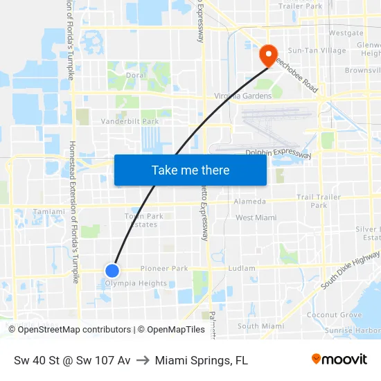 Sw 40 St @ Sw 107 Av to Miami Springs, FL map