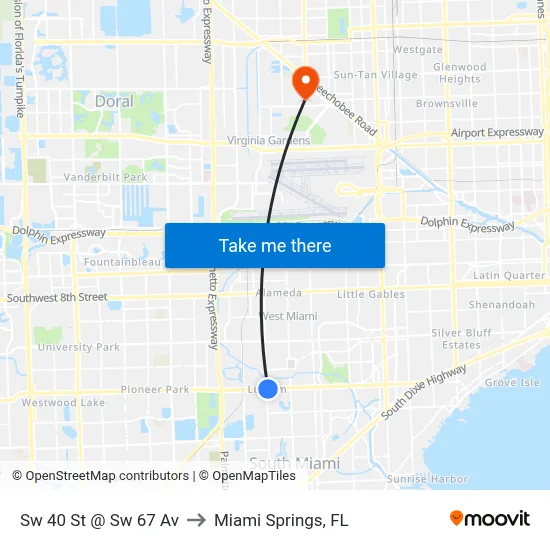 Sw 40 St @ Sw 67 Av to Miami Springs, FL map