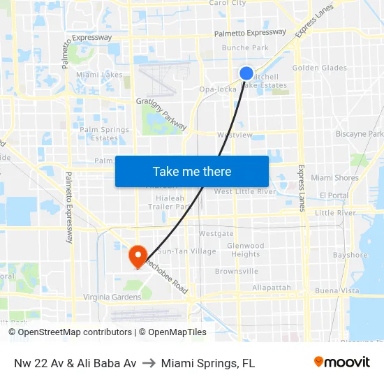 Nw 22 Av & Ali Baba Av to Miami Springs, FL map
