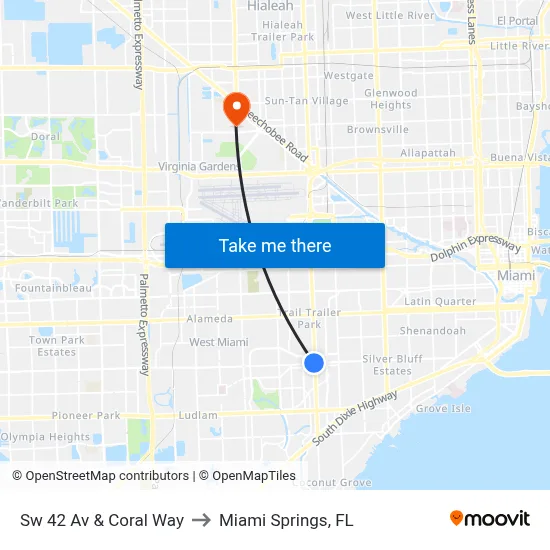 Sw 42 Av & Coral Way to Miami Springs, FL map