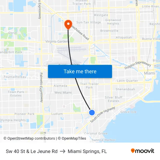 Sw 40 St & Le Jeune Rd to Miami Springs, FL map