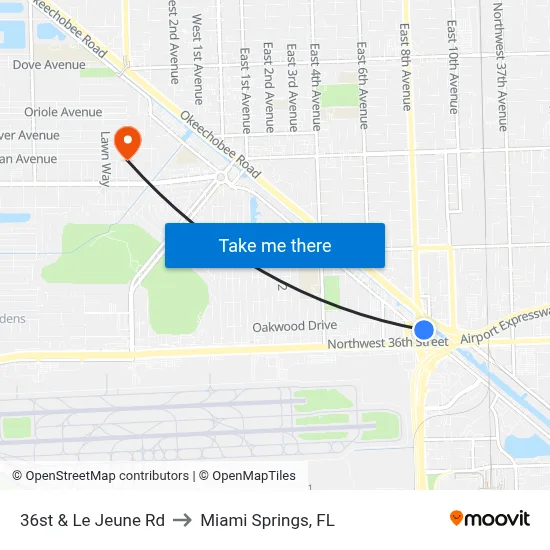 36st & Le Jeune Rd to Miami Springs, FL map