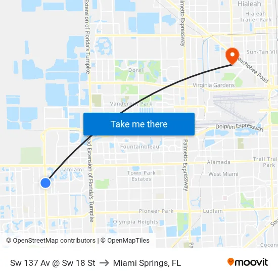 Sw 137 Av @ Sw 18 St to Miami Springs, FL map