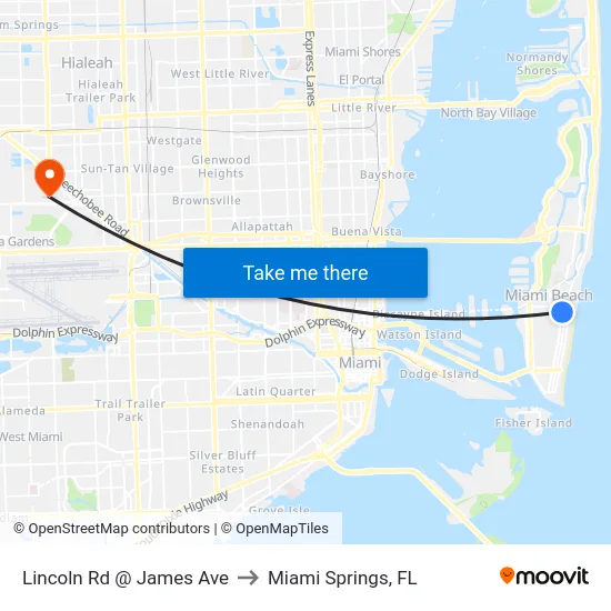 Lincoln Rd @ James Ave to Miami Springs, FL map