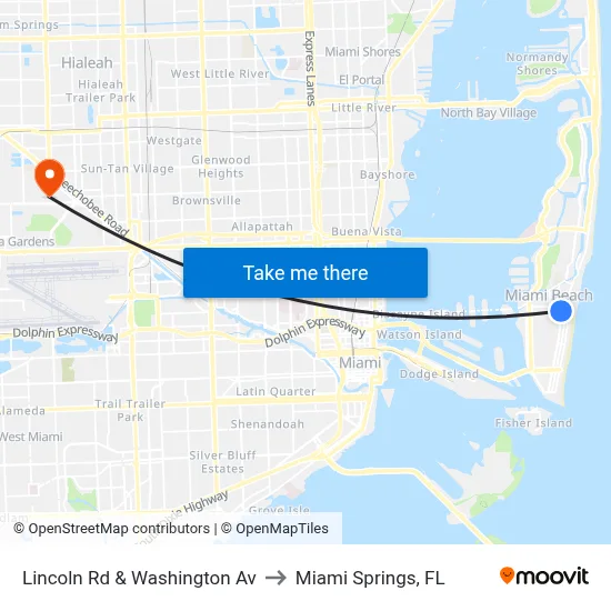 Lincoln Rd & Washington Av to Miami Springs, FL map