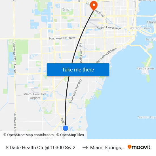 S Dade Health Ctr @ 10300 Sw 216 St to Miami Springs, FL map