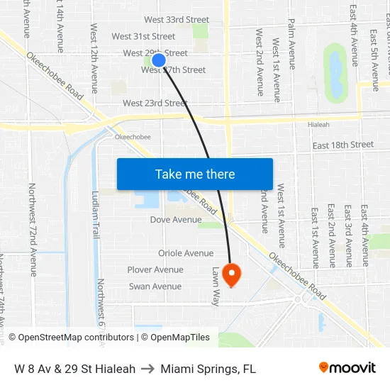 W 8 Av & 29 St Hialeah to Miami Springs, FL map