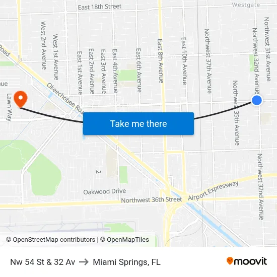 Nw 54 St & 32 Av to Miami Springs, FL map