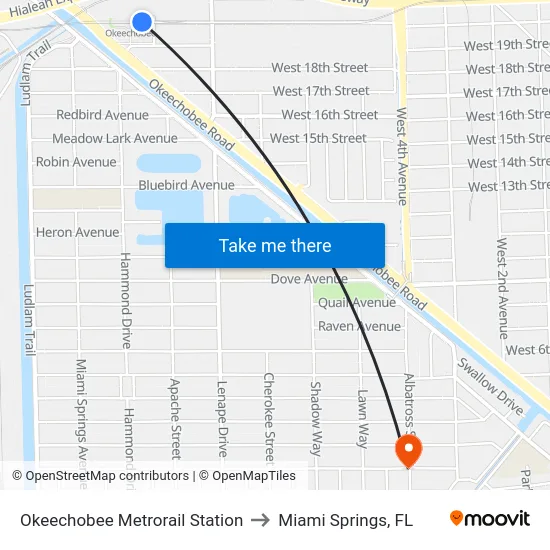 Okeechobee Metrorail Station to Miami Springs, FL map