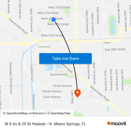 W 8 Av & 29 St Hialeah to Miami Springs, FL map