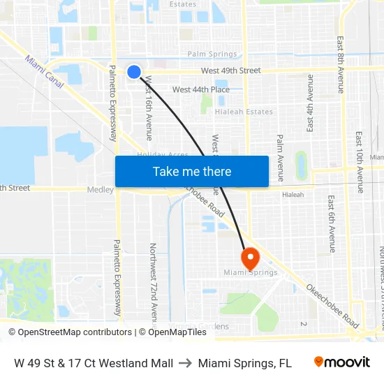 W 49 St & 17 Ct Westland Mall to Miami Springs, FL map