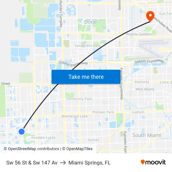 Sw 56 St & Sw 147 Av to Miami Springs, FL map