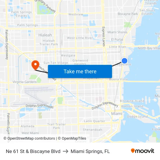 Ne 61 St & Biscayne Blvd to Miami Springs, FL map