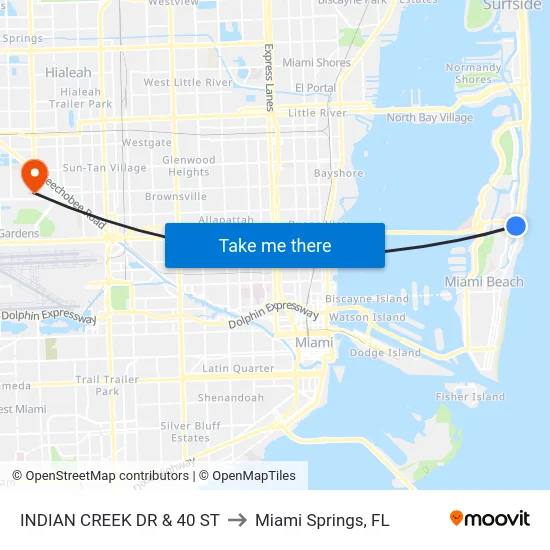 Indian Creek Dr & 40 St to Miami Springs, FL map