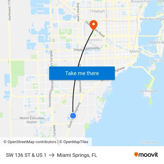 Sw 136 St & Us 1 to Miami Springs, FL map