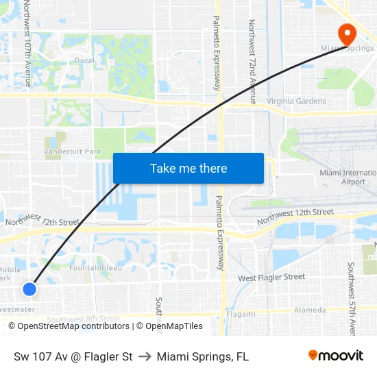 Sw 107 Av @ Flagler St to Miami Springs, FL map