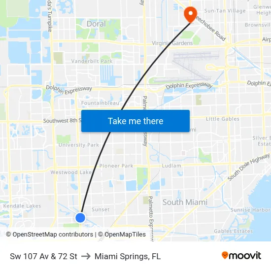 Sw 107 Av & 72 St to Miami Springs, FL map