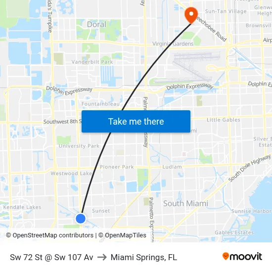 Sw 72 St @ Sw 107 Av to Miami Springs, FL map