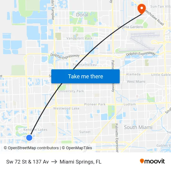 Sw 72 St & 137 Av to Miami Springs, FL map