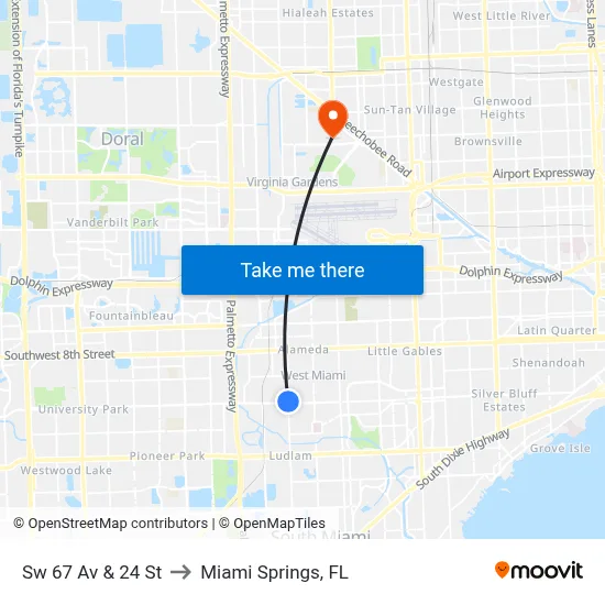 Sw 67 Av & 24 St to Miami Springs, FL map