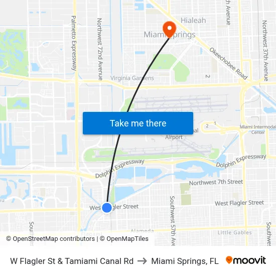 W Flagler St & Tamiami Canal Rd to Miami Springs, FL map