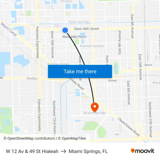 W 12 Av & 49 St Hialeah to Miami Springs, FL map