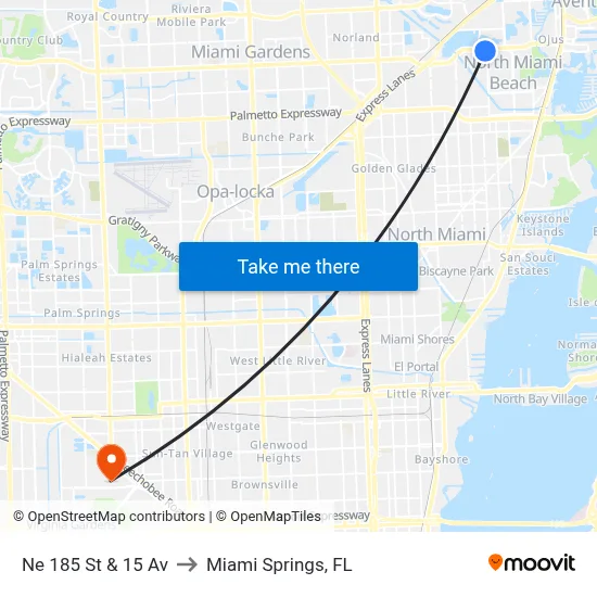 Ne 185 St & 15 Av to Miami Springs, FL map