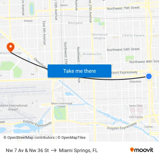 Nw 7 Av & Nw 36 St to Miami Springs, FL map