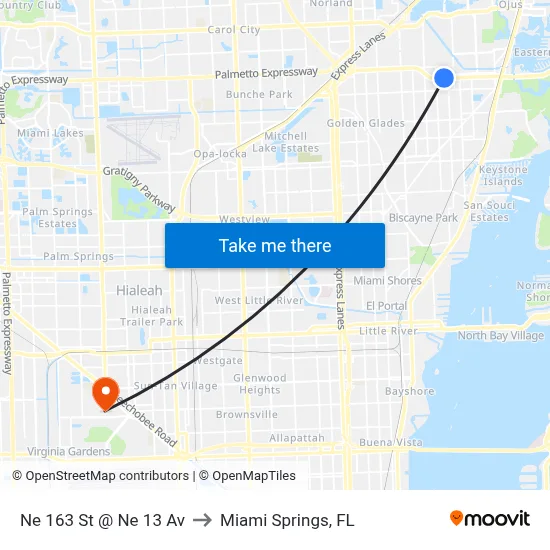 Ne 163 St @ Ne 13 Av to Miami Springs, FL map
