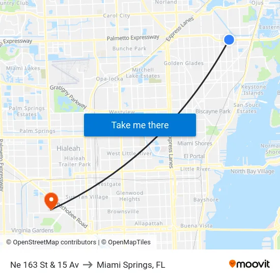 Ne 163 St & 15 Av to Miami Springs, FL map