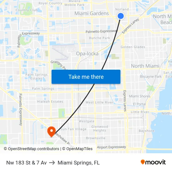 Nw 183 St & 7 Av to Miami Springs, FL map
