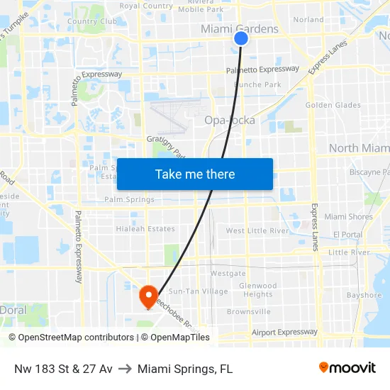 Nw 183 St & 27 Av to Miami Springs, FL map
