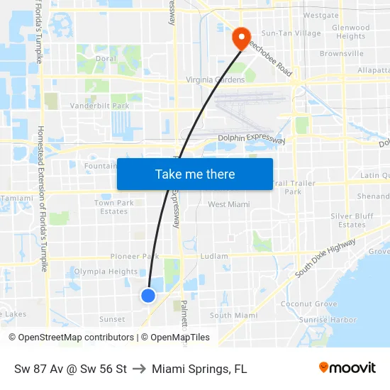 Sw 87 Av @ Sw 56 St to Miami Springs, FL map