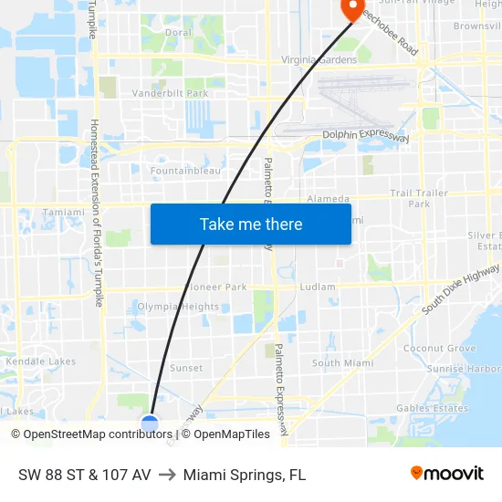Sw 88 St & 107 Av to Miami Springs, FL map